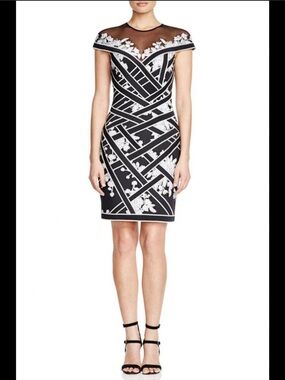 Tadashi Shoji Black Mini Dress with White Floral Embroidery